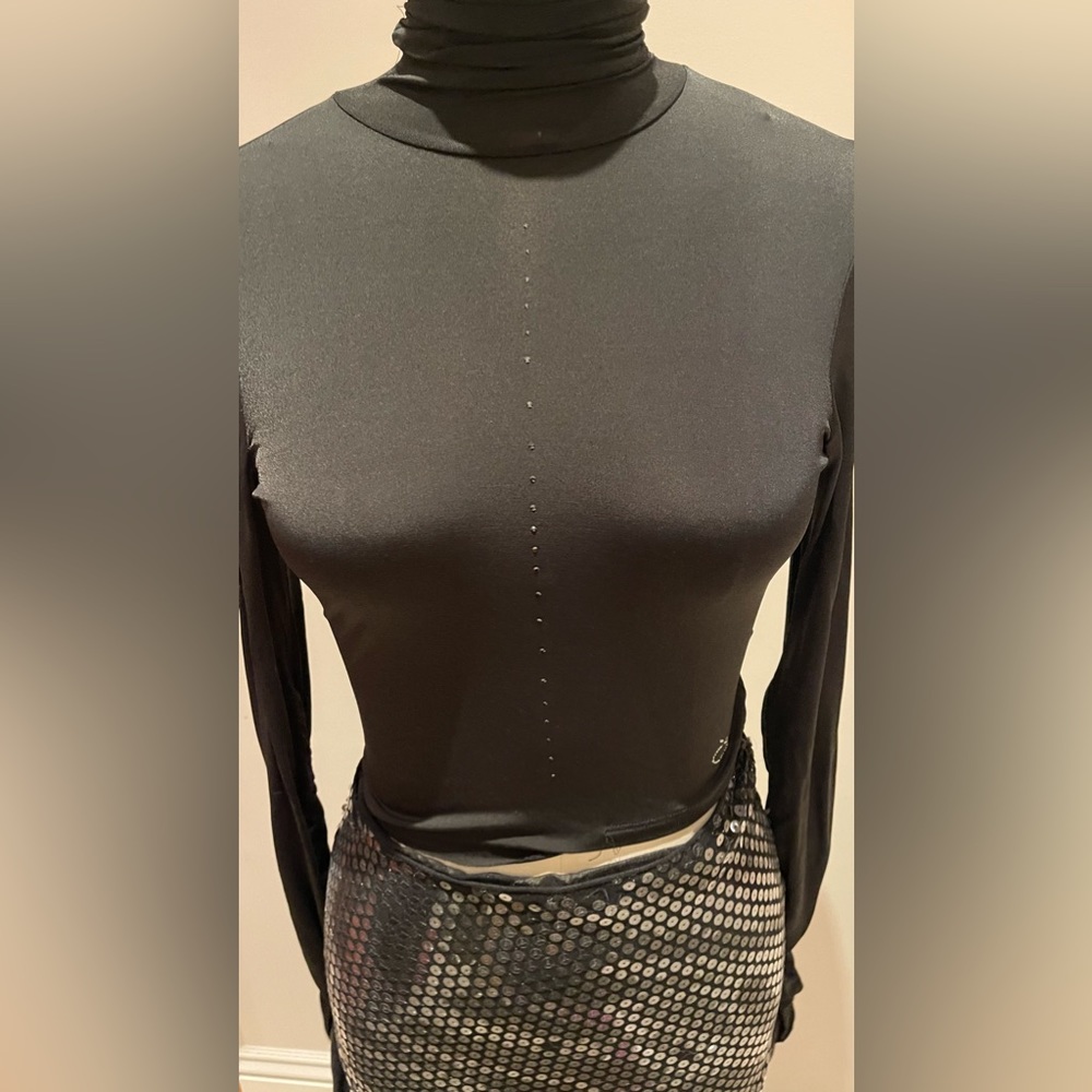 Vintage societa fashion black crop turtleneck Swarovski crystal top sz S